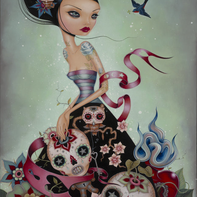 A stylized woman with dark hair and vibrant makeup poses amidst decorative skulls and flowers, reflecting Caia Koopmans style. She wears a striped top with a swirling pink ribbon, as a bird flies above and a flame-like blue shape adds flair to this fine art print from Spoke Art.