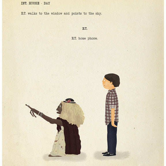 Limited edition illustration from Max Dalton: A brown alien in a wig and shawl points skyward beside a boy in a checkered shirt. Text reads, INT. HOUSE - DAY E.T. walks to the window and points to the sky: E.T. Home Phone. Ideal for fine art giclee print aficionados.