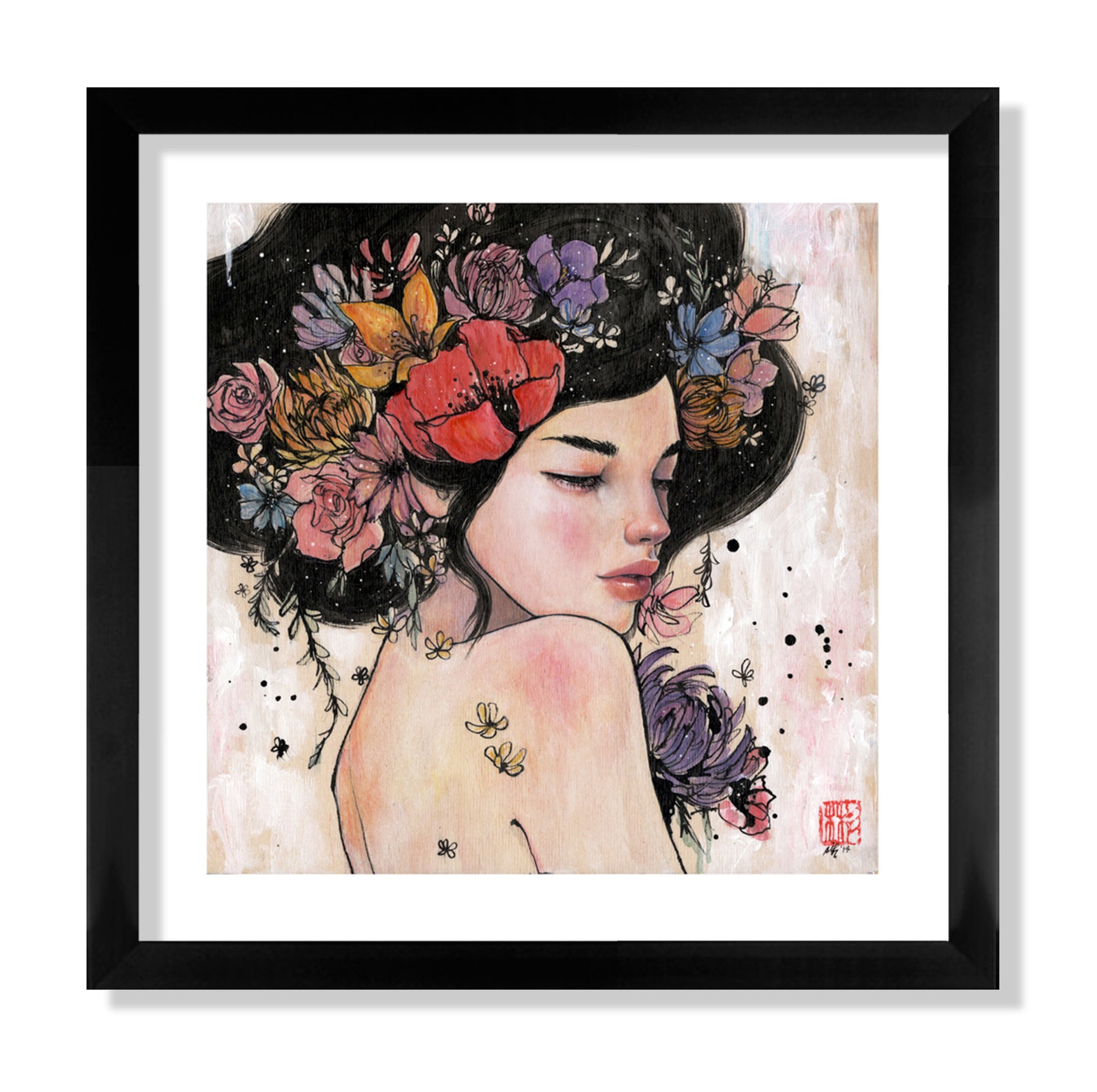 A Stella Im Hultberg framed fine art giclee shows a serene woman with closed eyes, flowers, and leaves in her hair against a light textured background. The piece is signed and numbered for authenticity.