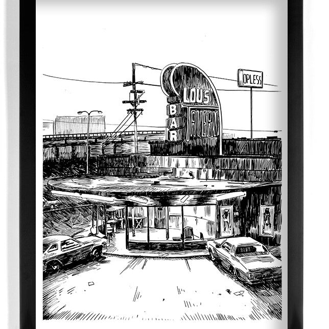 A black and white illustration features a vintage tavern with a large Lous Tavern sign. Several cars are outside, with another sign reading LOPLESS. Created by Tim Doyle, this pen and ink drawing captures a nostalgic Fight Club-era atmosphere.