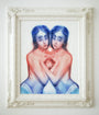 Artwork by Alex Garant features two mirrored figures with interconnected arms, using blue and red tones for a symmetric, make-believe realm. The abstract facial details enhance the ethereal mood, framed in ornate white.