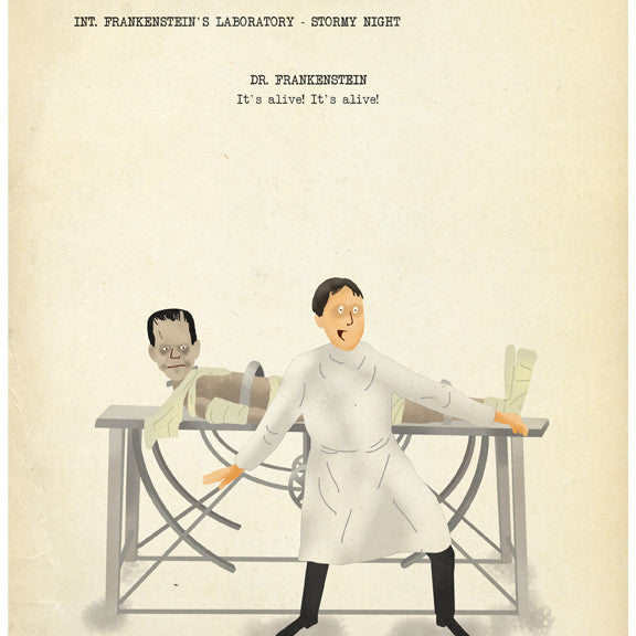 Max Daltons giclee print features Dr. Frankenstein in a white coat joyfully shouting Its alive! Its alive! next to a creature with neck bolts on a table, capturing the iconic stormy night in INT. FRANKENSTEINS LABORATORY. The artwork is hand-numbered for authenticity.