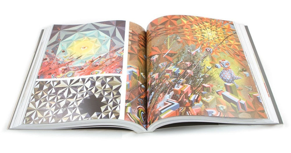 An open art book displays pages brimming with vibrant geometric patterns. The left page has Oliver Vernon-like triangular designs and a yellow face, while the right side reflects Mars-1s brand with a vivid mosaic of intricate shapes and colors.