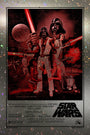 Matt Dyes humorous retro-style poster showcases Darth Vader, Chewbacca, and other Star Wars characters in disco attire. The foil paper background sparkles with spaceships and the Death Star. Text: Once you go to the Dark Side... Available as an exclusive variant screenprint.