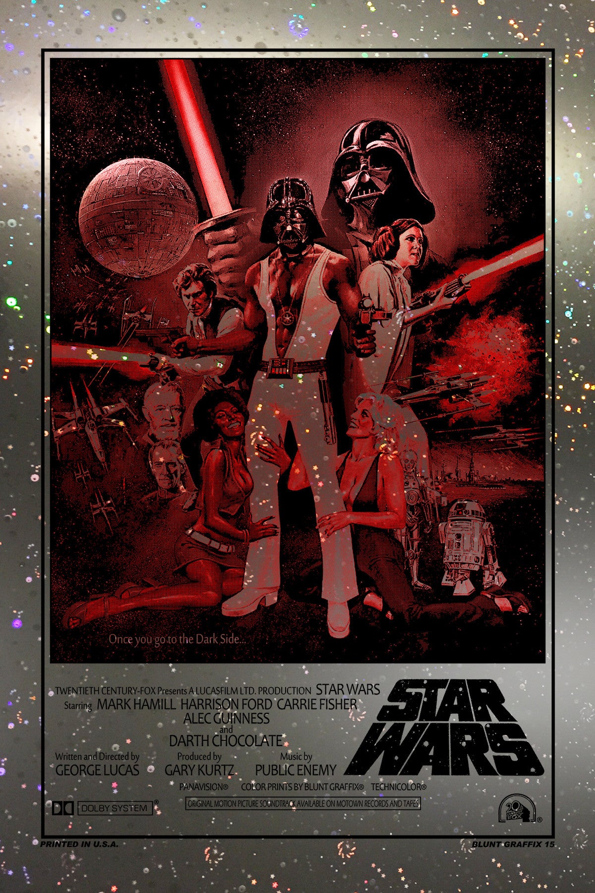 Matt Dyes humorous retro-style poster showcases Darth Vader, Chewbacca, and other Star Wars characters in disco attire. The foil paper background sparkles with spaceships and the Death Star. Text: Once you go to the Dark Side... Available as an exclusive variant screenprint.