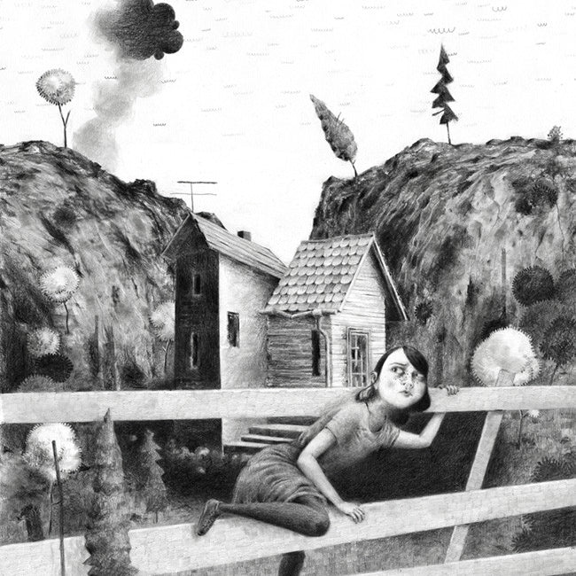 Jonas Lofgren presents a graphite on paper illustration of a person leaning on a wooden fence, gazing into the distance. In the backdrop, nestled among rocky hills, sits a house. This serene black and white scene is complete with trees and clouds in the sky.