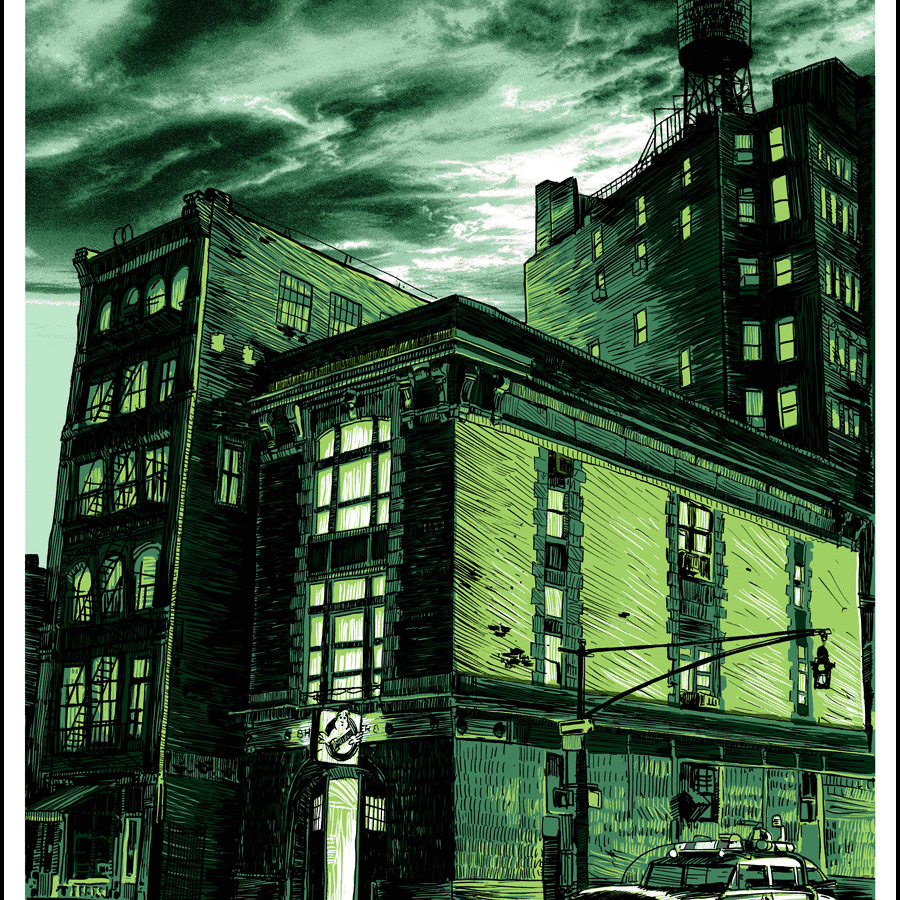 A stylized illustration by Tim Doyle shows an urban street corner with old buildings. A car with rooftop gear is parked near a structure featuring a ghost emblem, echoing Ghostbusters, while a dark, cloudy sky casts an eerie green glow in the screen print over the scene.