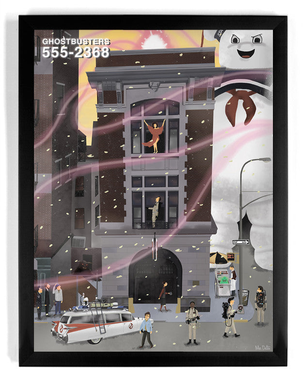 A city street scene by Max Dalton showcases a giant, marshmallow-like figure behind a building. Nearby, uniformed people with equipment stand by a car with red accents. Pink energy beams illuminate the sky in this hand-numbered edition.