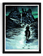 A horseback rider traverses a snowy landscape toward a fortress under aurora-lit skies. Black-framed, it features cascading waterfalls, making it an ideal screen print tribute and gift for the Nights King. Brand: Tim Doyle.