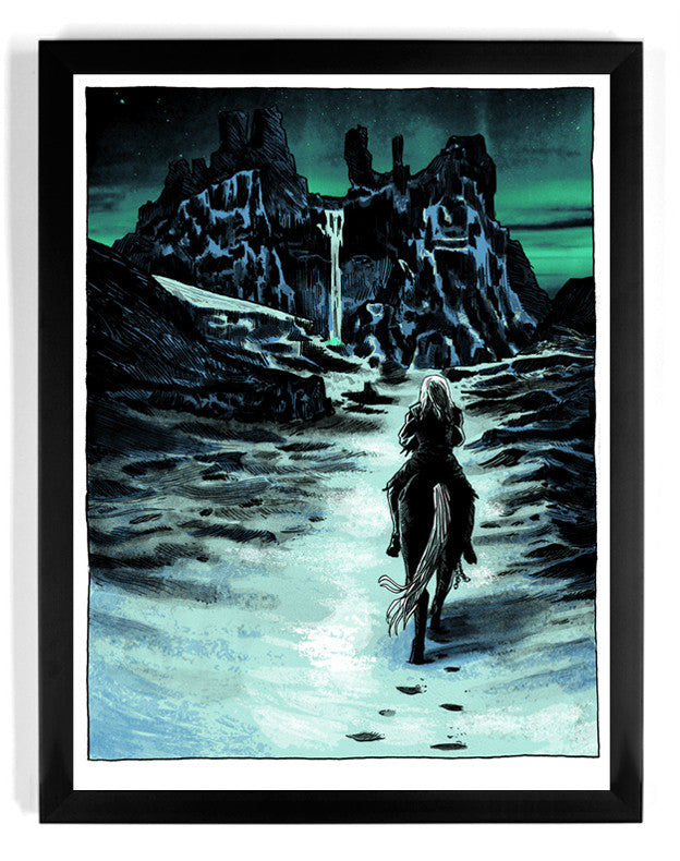 A horseback rider traverses a snowy landscape toward a fortress under aurora-lit skies. Black-framed, it features cascading waterfalls, making it an ideal screen print tribute and gift for the Nights King. Brand: Tim Doyle.