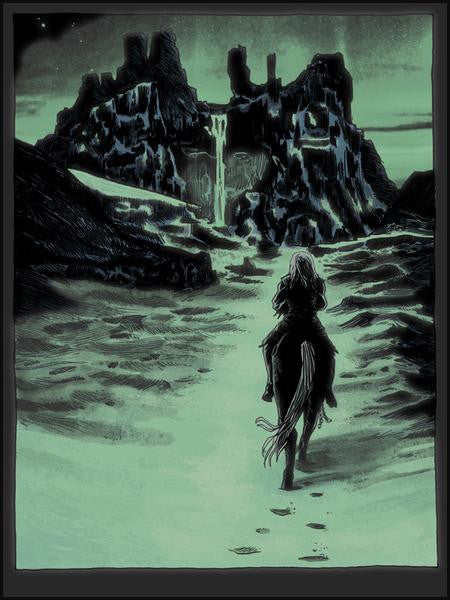 Under a starry sky, a horseback rider nears a jagged mountain fortress with cascading waterfalls and long shadows in a barren landscape. This screen print tribute to the Nights King by Tim Doyle captures mystery and adventure.