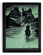 A Tim Doyle framed screen print features a lone horse-rider heading to rocky cliffs beneath a starry, moonlit sky. The scenes greenish hue adds mystery and eeriness, making it an ideal gift for the Nights King.