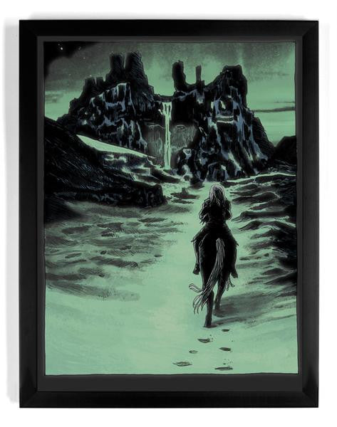 A Tim Doyle framed screen print features a lone horse-rider heading to rocky cliffs beneath a starry, moonlit sky. The scenes greenish hue adds mystery and eeriness, making it an ideal gift for the Nights King.