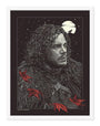 Guillaume Morellecs illustrated screen print features a man with curly hair in fur against a dark, snowy backdrop and full moon. Red leaves drift around him with the text Winter is Coming, evoking George R.R. Martins world.