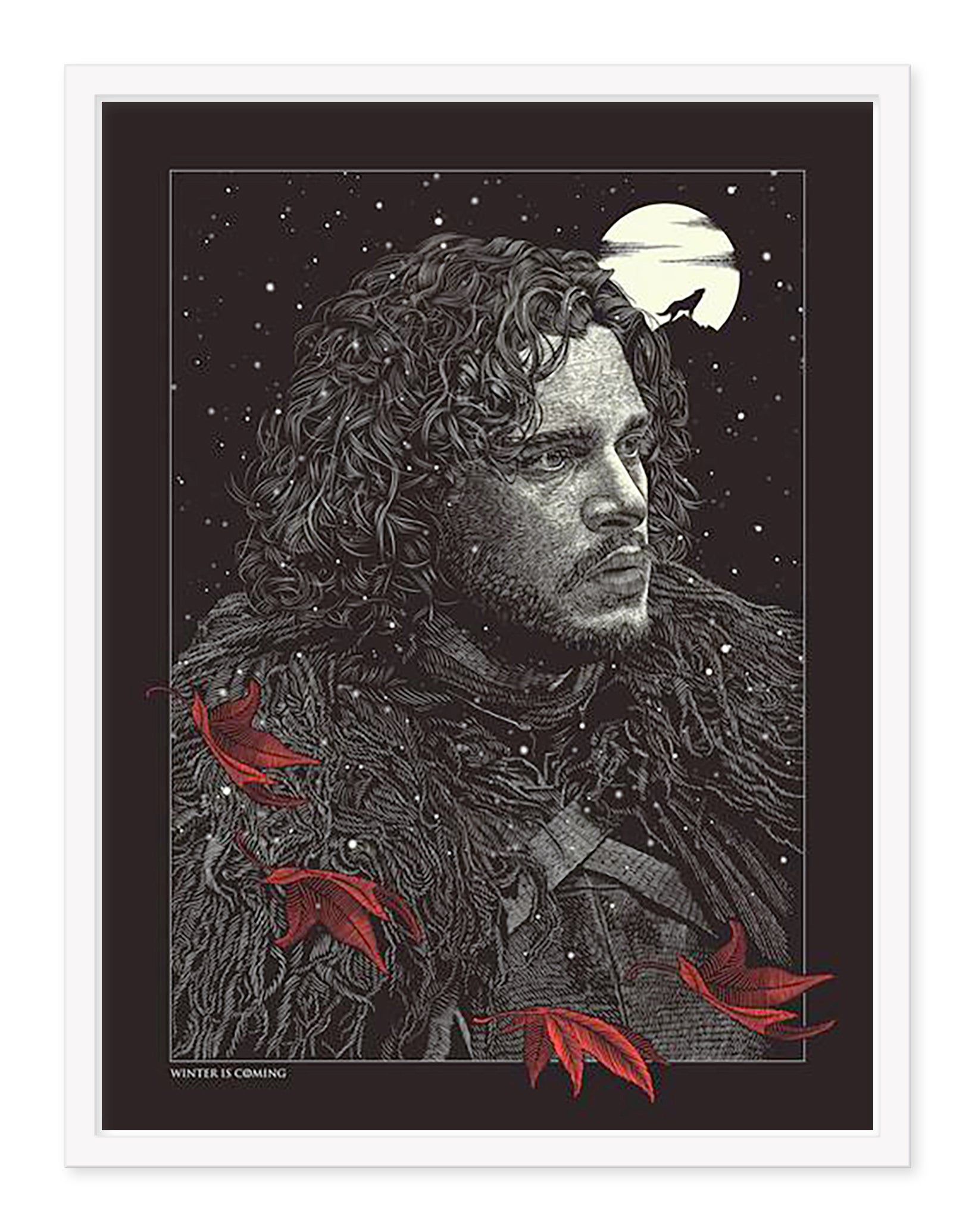 Guillaume Morellecs illustrated screen print features a man with curly hair in fur against a dark, snowy backdrop and full moon. Red leaves drift around him with the text Winter is Coming, evoking George R.R. Martins world.