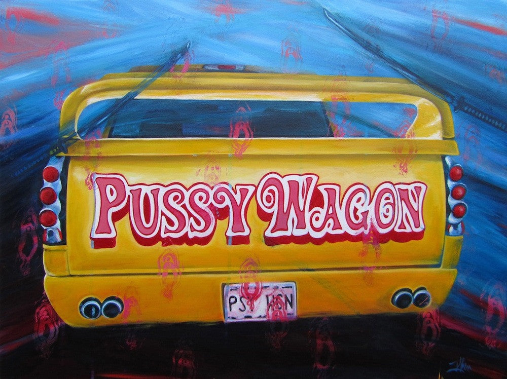 A vibrant Gwendolyn art piece showcases a vehicles rear view with Pussy Wagon in bold red on a vivid yellow backdrop. The license plate reads PSY ON, surrounded by dynamic, swirling blue and red abstract patterns, creating an acrylic on canvas masterpiece.