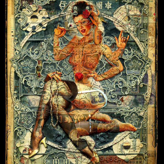 Handiedans giclée print showcases a tattooed woman with red lips against a colorful, vintage-style backdrop. The art features symbols, flowers, and abstract patterns in blue, gold, and beige tones for a surreal and ornate effect.