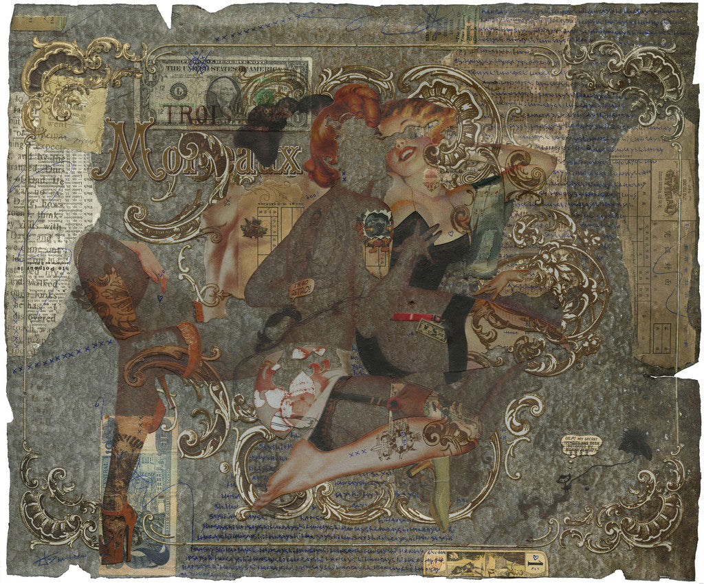 A Handiedan mixed media collage with vintage pin-up magazine cutouts, antique frames, and text fragments on a textured background featuring patterns, currency notes, and eclectic overlays for a layered look.