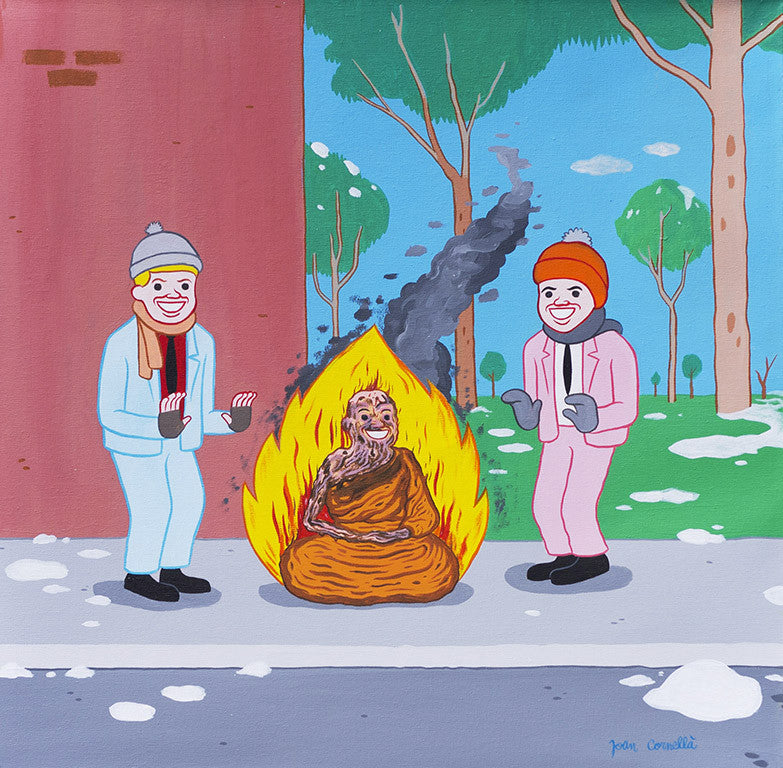Two cartoon figures in winter wear warm their hands by a street fire as a meditating monk stays unharmed in the flames. With a nod to Joan Cornellàs art, this quirky acrylic painting captures a whimsical scene on a snowy sidewalk with trees behind.