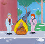 Two cartoon figures in winter wear warm their hands by a street fire as a meditating monk stays unharmed in the flames. With a nod to Joan Cornellàs art, this quirky acrylic painting captures a whimsical scene on a snowy sidewalk with trees behind.