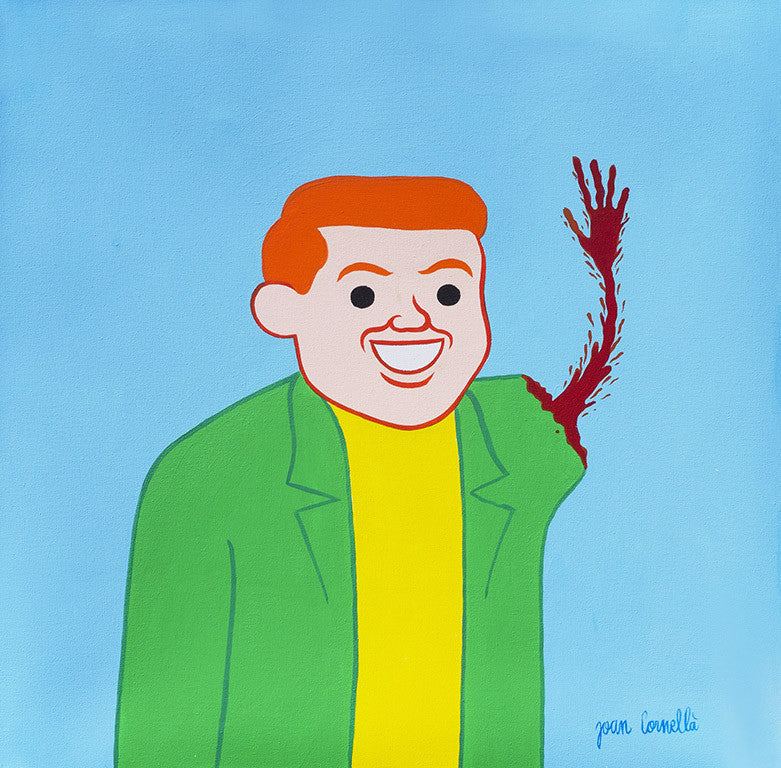 A cartoon man with red hair grins despite his missing left arm, blood dripping from his shoulder while wearing a green jacket over a yellow shirt against a light blue background, in the style of Joan Cornellà.
