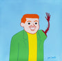 A cartoon man with red hair grins despite his missing left arm, blood dripping from his shoulder while wearing a green jacket over a yellow shirt against a light blue background, in the style of Joan Cornellà.