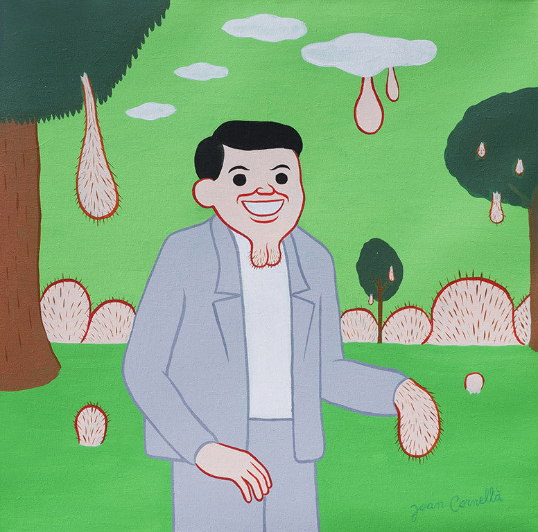 Joan Cornellàs Untitled #1 features a bearded cartoon-style man in a surreal landscape, where trees and clouds mimic his facial hair. Acrylic on canvas, the green backdrop is dotted with hair-like objects that heighten the whimsical scene.