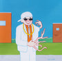A Joan Cornellà-style illustration shows a character in a white suit, hat, sunglasses, and gold necklace. Their elongated hands intrigue against simple buildings and a bright blue sky, echoing an untitled acrylic on canvas piece.