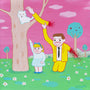 In a surreal scene evoking Joan Cornellàs signature style, a cartoon man grins widely as he tosses his severed arm up a tree to rescue a cat. Beside him, a concerned child points upward. The vibrant landscape, painted in acrylic hues, teems with flowers and trees beneath a pink sky.