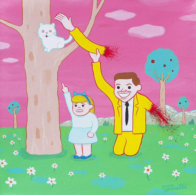 In a surreal scene evoking Joan Cornellàs signature style, a cartoon man grins widely as he tosses his severed arm up a tree to rescue a cat. Beside him, a concerned child points upward. The vibrant landscape, painted in acrylic hues, teems with flowers and trees beneath a pink sky.