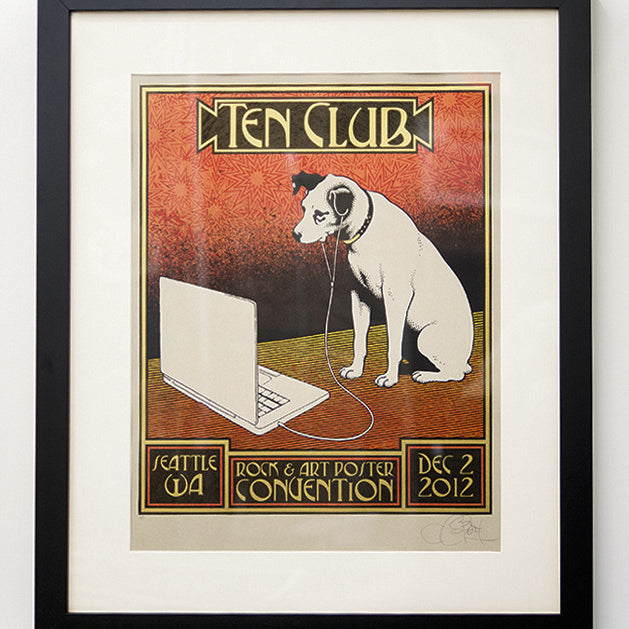 A framed artwork by Chuck Sperry shows a dog listening to a laptop with earphones against an ornate, vibrant background. The text includes Ten Club, Seattle, WA, Rock & Art Poster Convention, and Dec 2, 2012, echoing the Helikon Solo Show style.