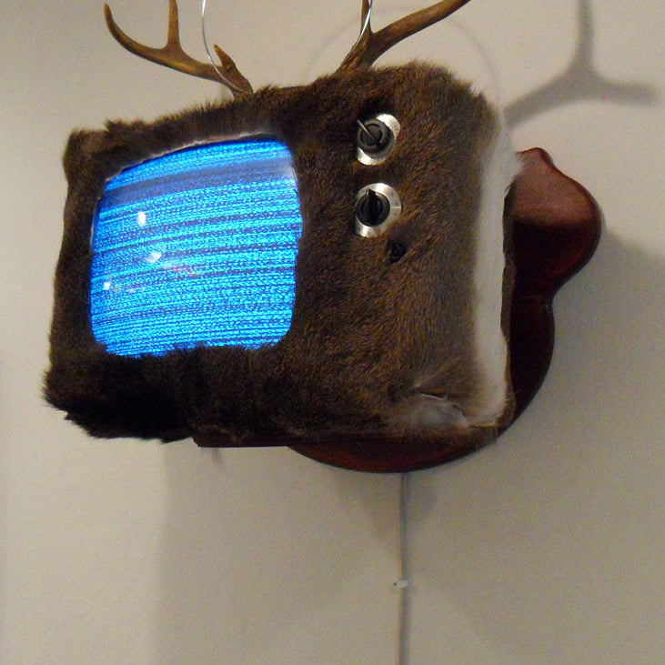 A wall-mounted TV by Jeremiah Jenkins, designed to resemble a taxidermy deer with antlers, a deer hide, and googly eyes. The screen crackles with static.