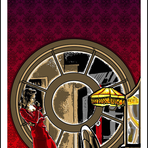 An art deco illustration by Tim Doyle features a woman in a red dress leaning against a wall with a circular window. A desk with a stained glass lamp adds charm, reminiscent of an Inglorious Bastards screen print.