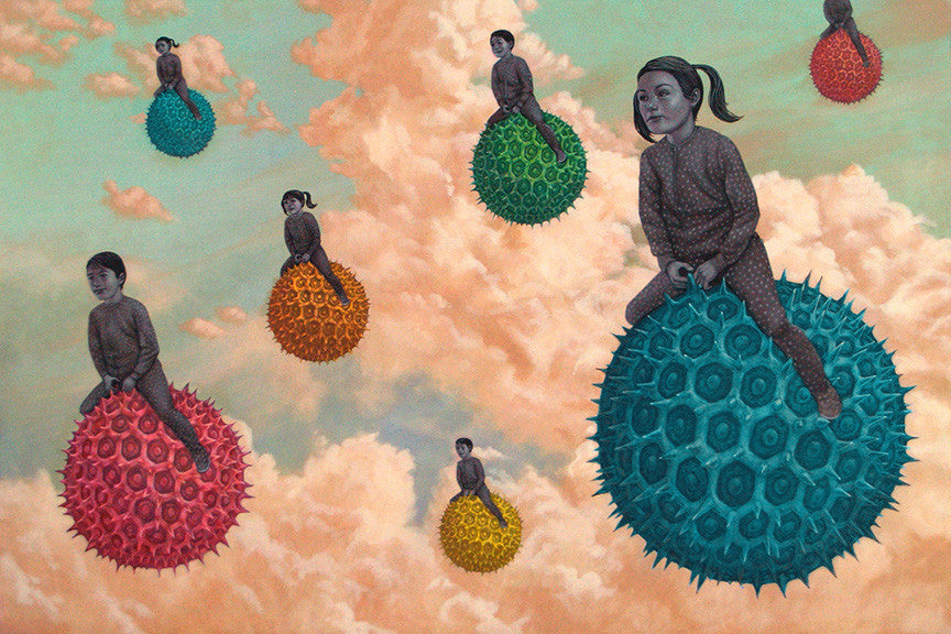 Children in whimsical clothes sit atop colorful orbs of blue, green, red, and yellow invading fluffy clouds. This surreal acrylic on board piece by Casey Weldon captures a dream-like atmosphere with an imaginative style.