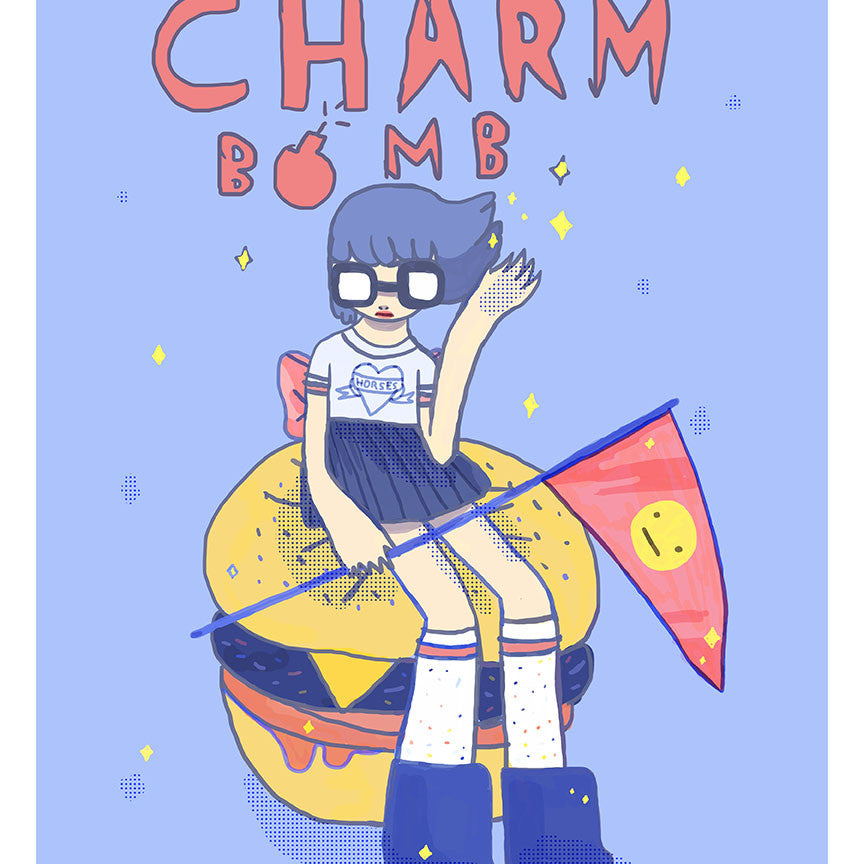 Ivonna Buenrostro, with short blue hair, glasses, and a blue dress, sits on a giant burger waving a smiley flag. CHARM BOMB stands out in bold red against the whimsical light blue background adorned with yellow stars inspired by Bobs Burgers art show.