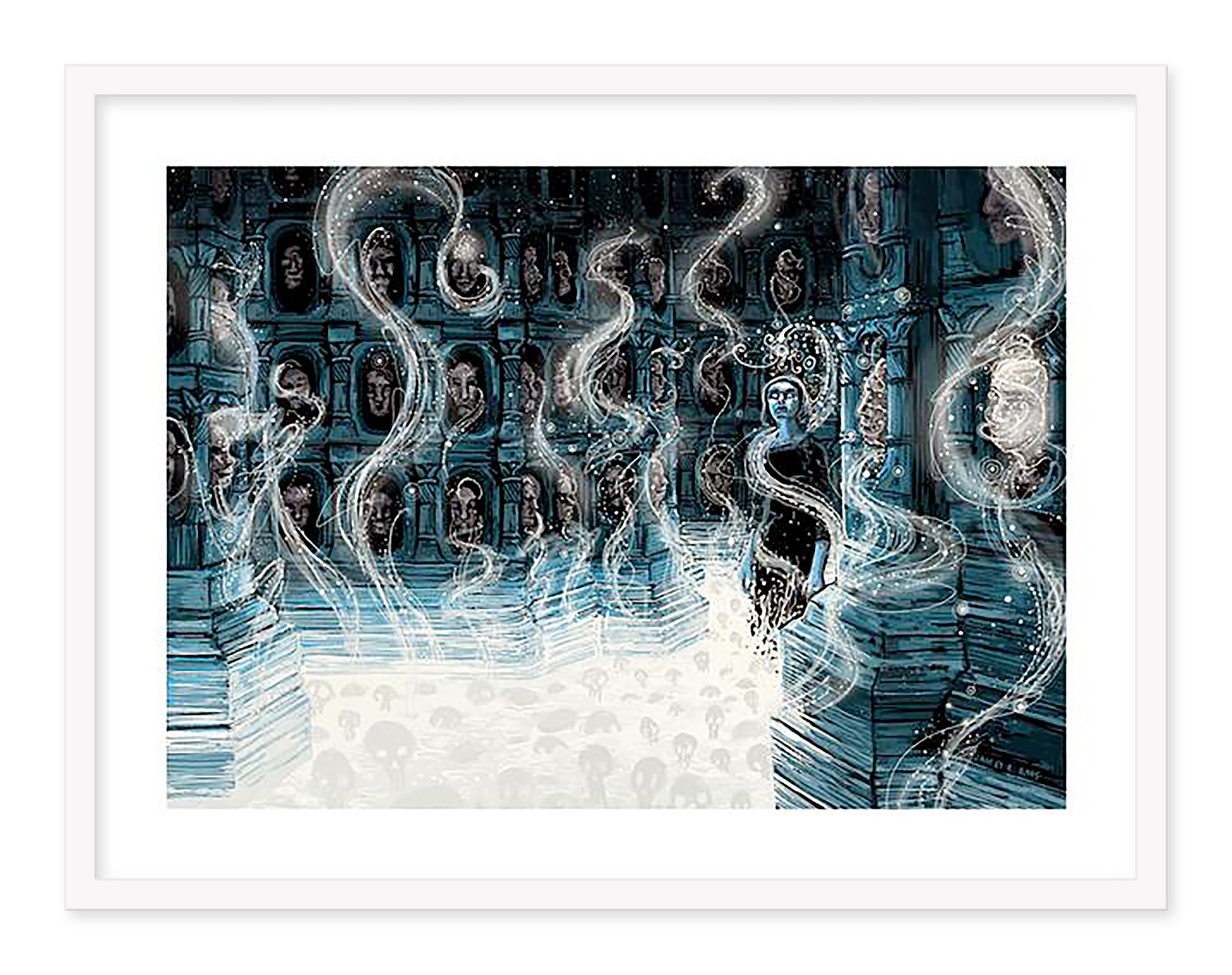 A surreal James R. Eads artwork shows ethereal ghostly figures and portraits on walls in the Hall of Faces. A spectral figure stands centrally among floating shapes, crafting a dreamlike scene in predominantly blue and white hues in archival pigment print form.