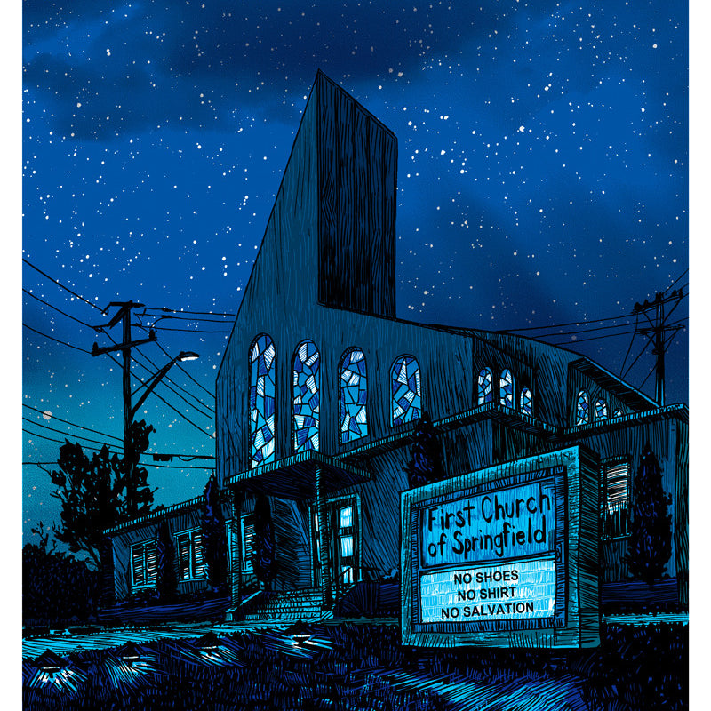 A Tim Doyle-style print features a church at night beneath stars, with large illuminated windows. The sign reads: First Church of Springfield - Save Me Jeebus: No shoes, no shirt, no salvation, reminiscent of Simpsons Art.