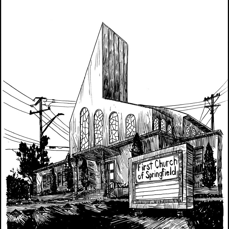 A Tim Doyle original pen and ink illustration showcases Springfields First Church, characterized by large arched windows. The background features power lines and trees, while a whimsical sign saying Save Me Jeebus enhances the sketch-like charm.