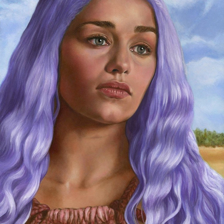 A woman with flowing purple hair, echoing Stormborn elegance, wears a brown off-the-shoulder top. Her thoughtful gaze reaches beyond clear blue skies and verdant landscapes in a scene fit for Johannah ODonnells collection at the Spoke Art gallery.