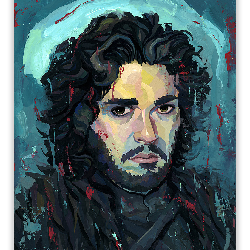 Rich Pellegrinos abstract painting of a serious man with long, curly hair uses bold blue and red brushstrokes to create intense drama. Featuring archival pigment print quality, its part of the Lord of the Thrones exhibition.