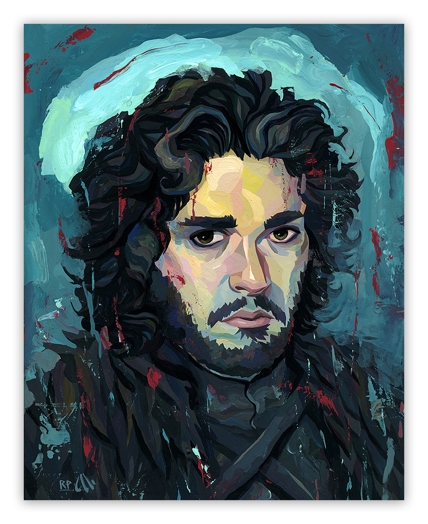 Rich Pellegrinos abstract painting of a serious man with long, curly hair uses bold blue and red brushstrokes to create intense drama. Featuring archival pigment print quality, its part of the Lord of the Thrones exhibition.