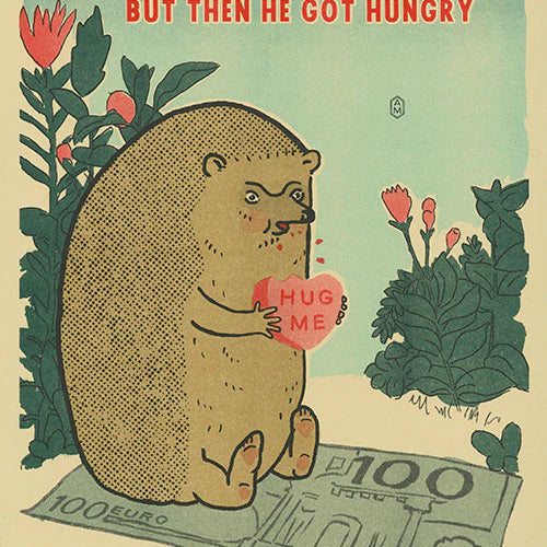 hedgehog eating a candy heart that reads "Hug Me" while sitting on floor mat with flowers around , text reads "He got this for you but then got hungry"