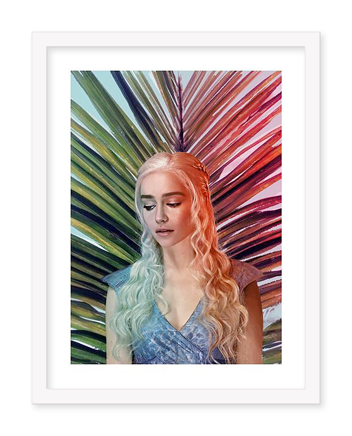 A woman with long, wavy, silver-blonde hair stands elegantly in a textured blue dress. She poses against a vibrant palm leaf backdrop with green, blue, and red hues. Captured as an archival pigment print by Kemi Mai, this striking scene is part of a prestigious group exhibition.
