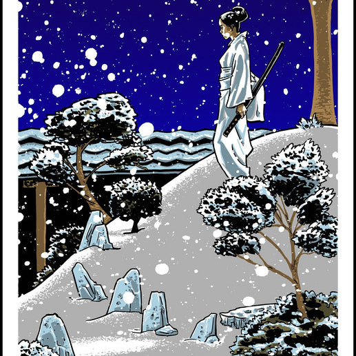 A person in a white robe stands on a snowy hill, sword in hand, under a starry night sky. Snow-covered trees and rocks surround a small pond. This serene winter scene mirrors The Swan Song of Oren-Ishii, reflecting its essence as if it were Tim Doyles signed and numbered screen print.