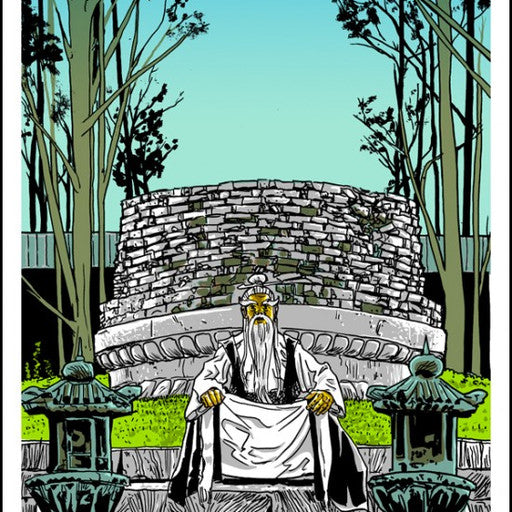 An elderly man with a long white beard sits on a stone bench in a peaceful outdoor scene, reminiscent of Tim Doyles artwork. Dressed in robes, hes beside two Japanese stone lanterns with tall trees and a structure nearby under the clear blue sky, as if seeking wisdom from nature.