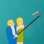 A digital print in Joan Cornellàs style shows a smiling couple using a selfie stick with a gun instead of a phone. The man wears a blue suit, and the woman is in a green dress, set against a solid teal background, exuding surreal charm.