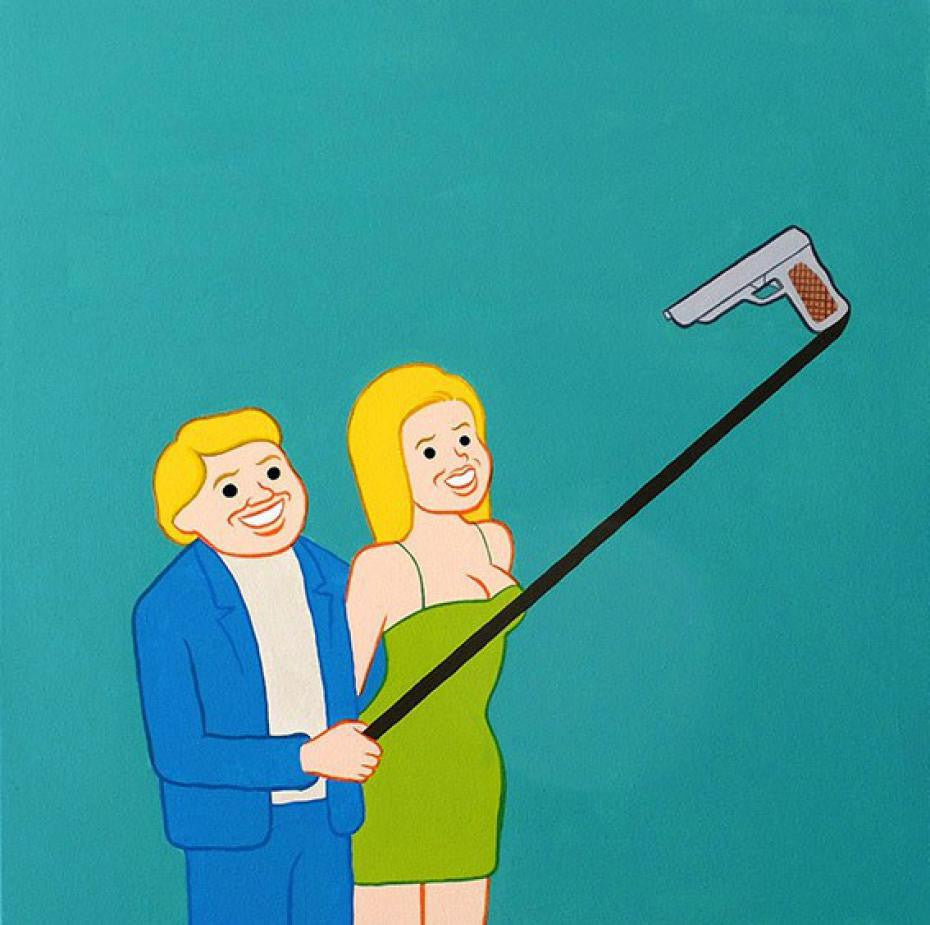 A digital print in Joan Cornellàs style shows a smiling couple using a selfie stick with a gun instead of a phone. The man wears a blue suit, and the woman is in a green dress, set against a solid teal background, exuding surreal charm.