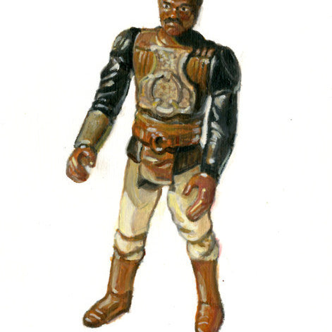 A Lando as Skiff Guard action figure by Allan Innman is set against a plain backdrop, framed in black and brown. It wears boots and gloves, posed upright with a slightly bent arm, capturing its detailed face like an oil on paper painting.