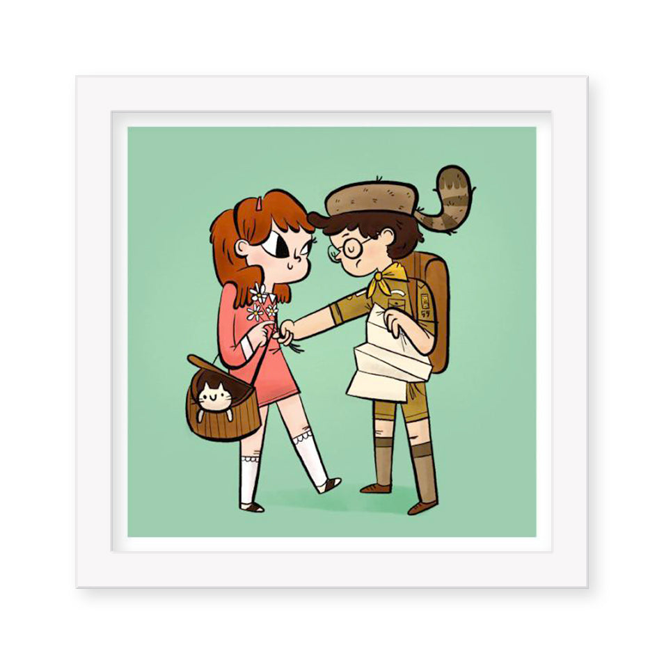 Lauren Greggs limited edition illustration showcases two charming characters: a red-haired figure in a pink dress with flowers and another in a scout uniform with glasses and a map, set against a vibrant green background with a peeking brown bag. The archival pigment print ensures lasting quality.