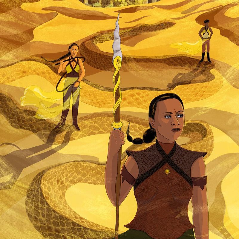 In this archival pigment print by Lily Padula, three warriors, resembling Sand Snakes from a George R.R. Martin story, are depicted in the desert with snake patterns in the sand. The leading warrior holds a spear as the others gaze towards a far-off city under swirling clouds.